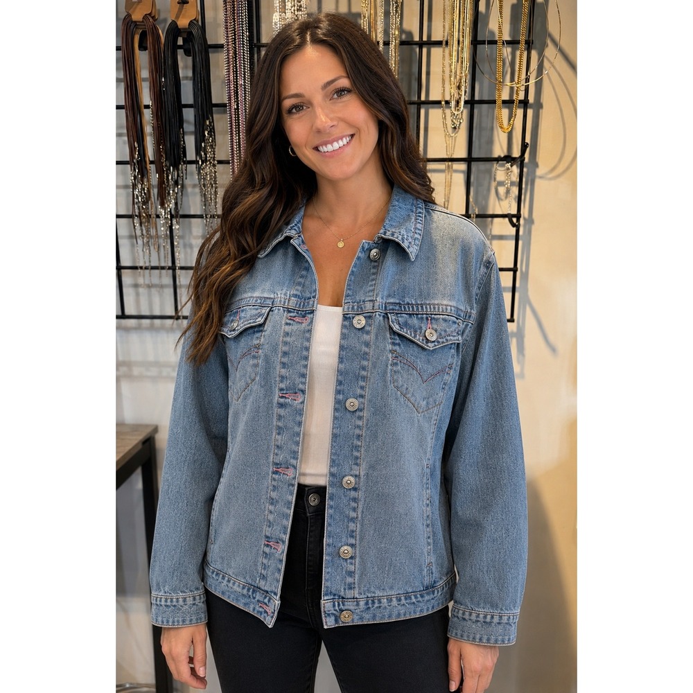 Arizona Jean Co Blue Denim Jacket Pink Contrast Stitching Cinch Back Rhinestone - Picture 3 of 9